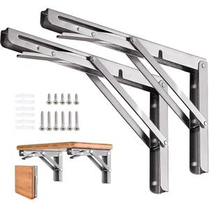 Folding Shelf Brackets 10 inch 2 Pcs - Heavy Duty Stainless Steel DIY Wall Mounted Collapsible Shelf Bracket, Space Saving for Garage Workstation, Stuff Supports, Table, Workbench