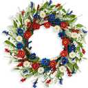 22 Inches Patriotic Wreath 4th of July Wreaths for Front Door Independence Day Wreath with Red White and Blue Wildflowers Wheat for Wall Window Porch Flag Memorial Independence Day Decoration
