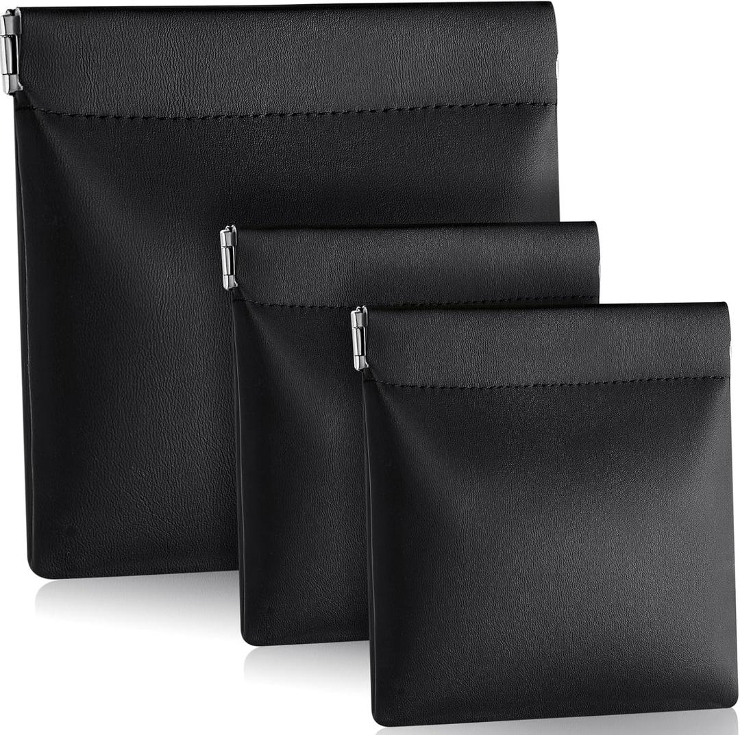 Sadnyy 3 Pcs PU Leather Coin Purse Black Change Holder No Zipper Coin Pouch Self Closing Pouch Change Purse Bag for Men, 2 Size