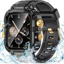 Goton IP68 Waterproof Rugged Band for Apple Watch 44mm with Case build-in Screen Protector Heavy Duty Sport Strap Compatible with iWatch Series 11/10/9/8/7/6/5/4/SE (Black-Gold)