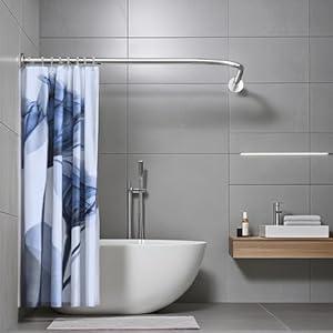 Adjustable Corner Shower Curtain Rod, Stretchable Stainless Steel L Shaped Shower Curtain Rail, Curved Bowed Shower Curtain Pole, Drill Or No Drill, For Bathro(Size:C 90-130cm X 90-130cm, Color:Silver)