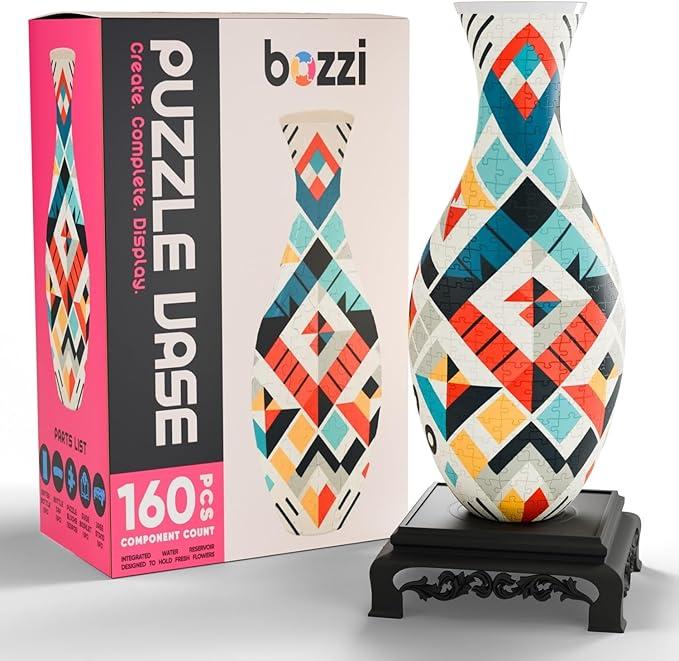 BOZZI Unique 3D Puzzle Vase for Adults | Decorative Flower Vase, Arrangement & Housewarming Gift | 160-Piece Curved Plastic Puzzle (Abstract)