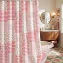 Pink Floral Shower Curtain 72x72'' Spring Cute Linen Cottage Boho Waterproof Patchwork Bath Curtain Set Mid Century Farmhouse Retro Vintage Plaid Bathroom Decor with 12 Hooks for Home
