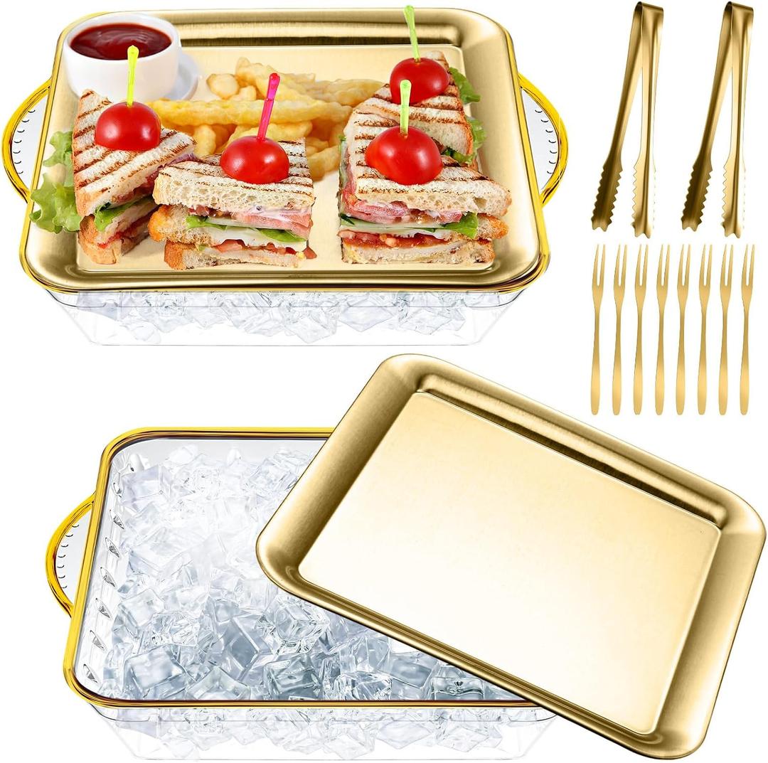 Baderke 2 Set 9" Chilled Serving Tray for Parties with Compartments Ice Chilled Party Platter Charcuterie Serving Board Cold Dish Dip with Forks Tongs for Fruit Seafood Vegetable Appetizer(Gold)