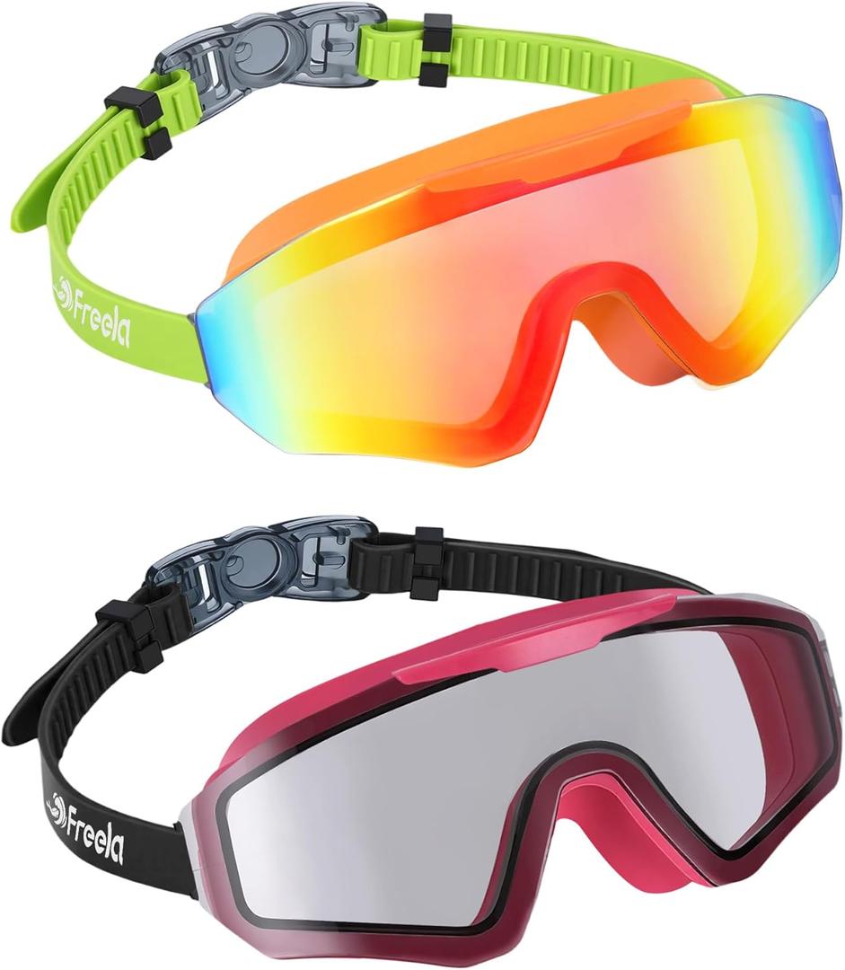 Freela 2 Pack Kids Swim Goggles for 8-16, Anti-Fog UV Protection Extra Silicone Layer Swimming Goggles for Youth Boys Girls (Orange-greenpink-black)