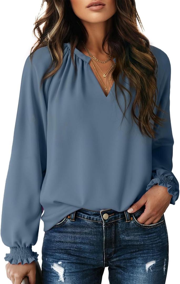 Dokotoo Blouses for Women Dressy Casual Flowy Boho Tops V Neck Long Sleeve Shirts Spring Outfits 2026 (Medium, Grey Blue)