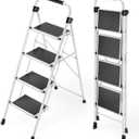 KINGRACK Step Ladder 4 Step Folding Step Stool for Adults with Handrails Heavy Duty Steel Sturdy Lightweight Collapsible Portable Step Ladder with Anti-Slip Wide Pedal,White