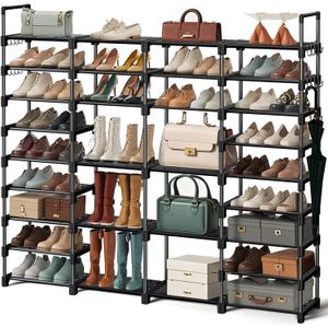 9 Tier Shoe Rack Storage Organizer Stand Shelf Cabinet, Large Shoe Rack Shelf Storage for 64-68 Pairs Freestanding Stand Cabinet with 18 Pcs Removable Side Hooks for Closet Entryway