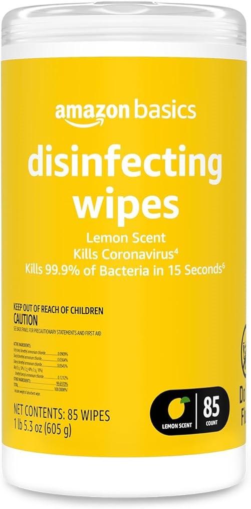 Amazon Basics Disinfecting Wipes, Lemon & Fresh Scent, Sanitizes, Cleans, Disinfects & Deodorizes, 255 Count (1 Packs of 85) 