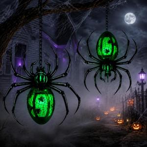 Glooglitter 2 Pcs 16" Metal Halloween Solar Spider Lantern Outdoor Lights