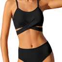 Girls Swimsuit Bathing Suits Criss Cross Bikini Set Two Piece Girls' Swimwear Solid Color Bathing Suit (15-16 Years, Black)