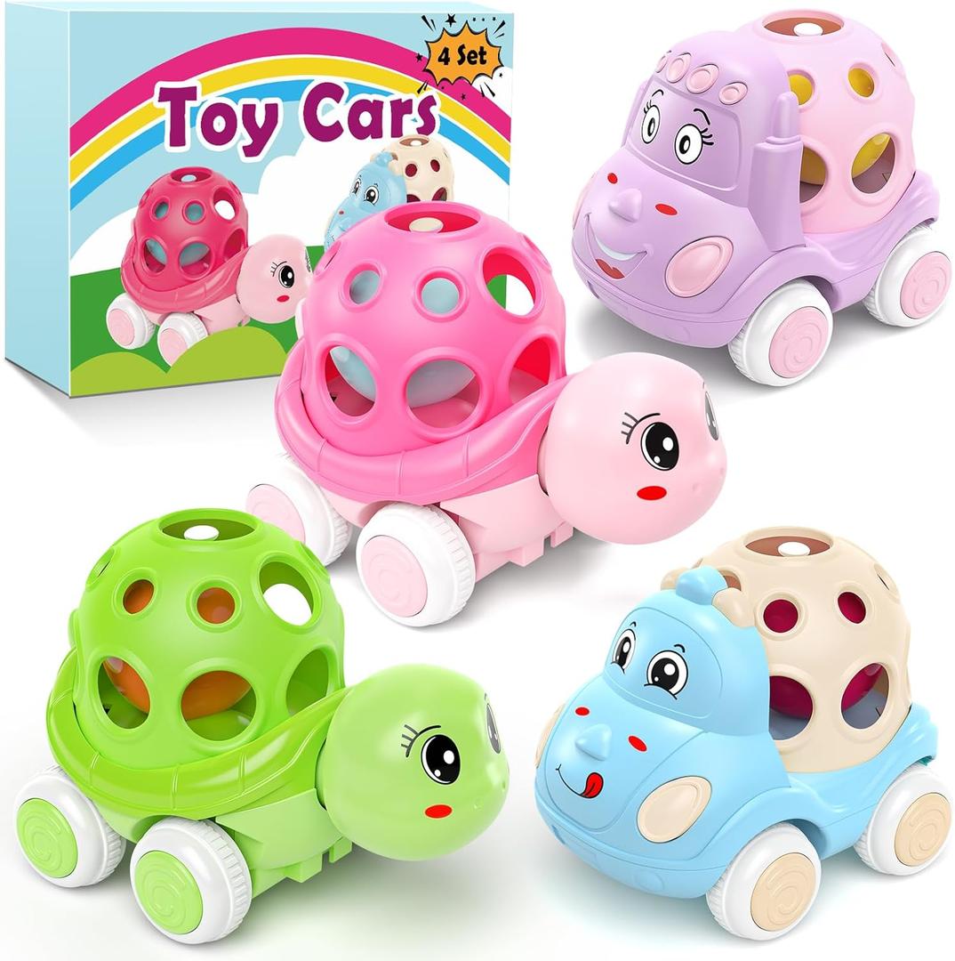 4 Set Toy Cars for Toddler Girl, Toddlers Push Car Toys Pink, Rattles Push and Go Truck, Birthday Presents for Twin Girls 3 + Year Old Twins Gift Ideas