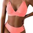 Fanuerg Women's Sexy V Neck Bikini Sets Hollow Out Two Piece Swimsuits Cutout Mid Waist Bathing Suit Coral Pink, XS