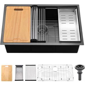 33 Inch Black Stainless Steel Undermount Kitchen Sink, 33x19 Gunmetal Black Single Bowl Workstation Sink with Cutting Board