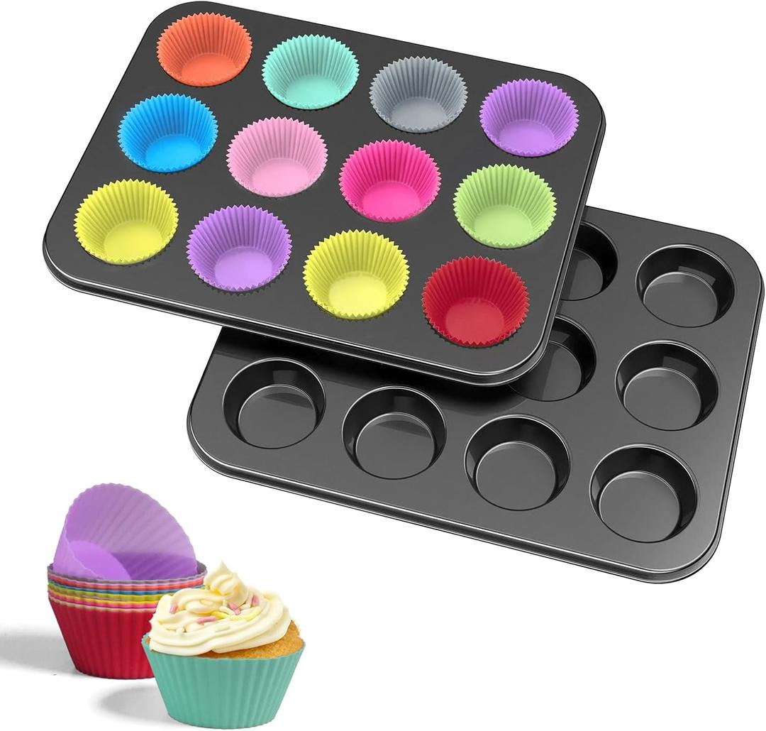 WIBIMEN Muffin Pan with 24 Silicone Cupcake Baking Cups - Non-stick Regular Size Cupcake Pan - Reusable Muffin Tin Baking Pans Set for Making Muffin Cakes, Tart, Bread(2PCS: 12-Cup Regular)