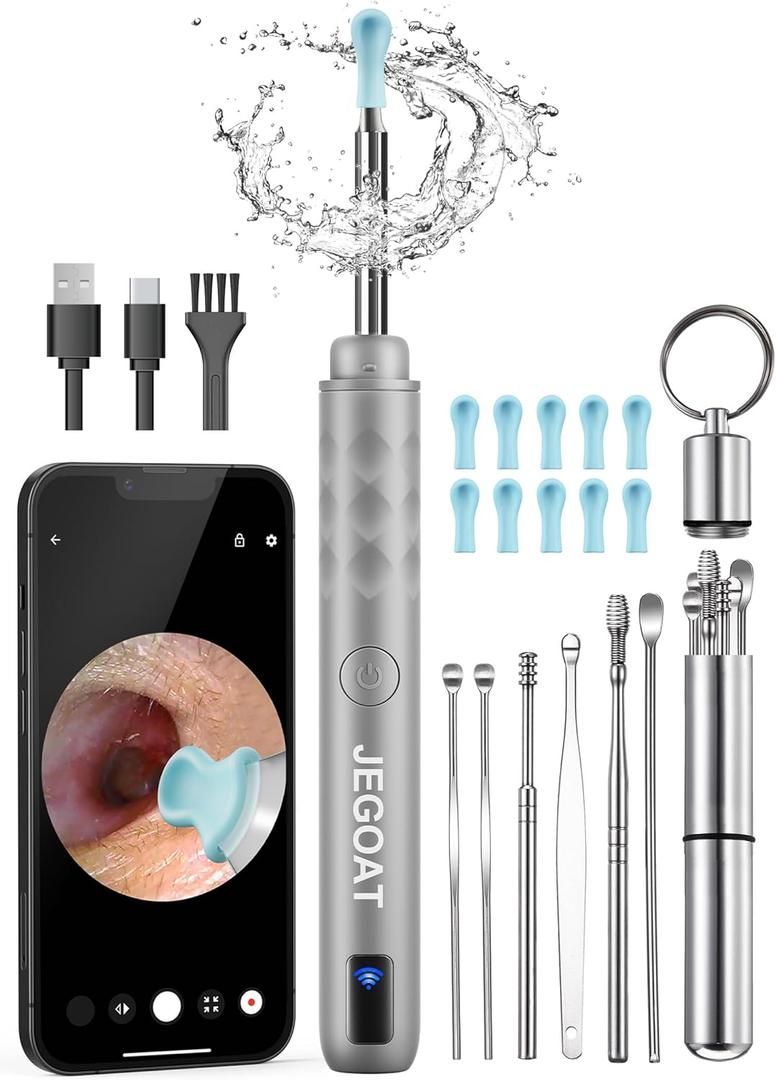 Ear Wax Removal, Ear Wax Removal Tool Camera with 1296P HD Camera and 6 LED Lights, Ear Cleaner with 10 Ear Pick, Upgraded Ear Wax Removal Kit for iOS and Android, Gray