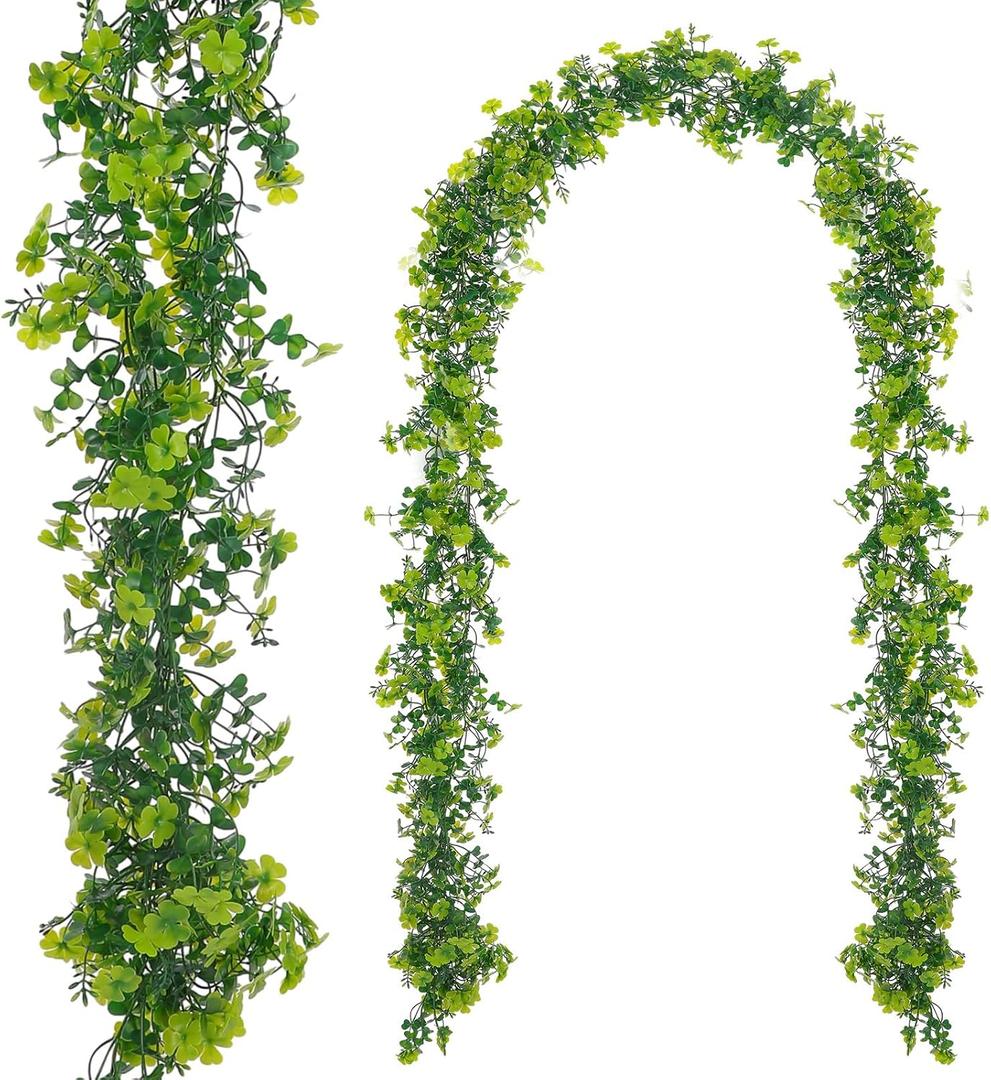 Crowye 2 Pcs 6 ft St Patrick's Day Shamrock Garland Artificial Lucky Shamrock Clover Garland for St Patrick's Day Spring Outdoor Indoor Mantle Table Decor