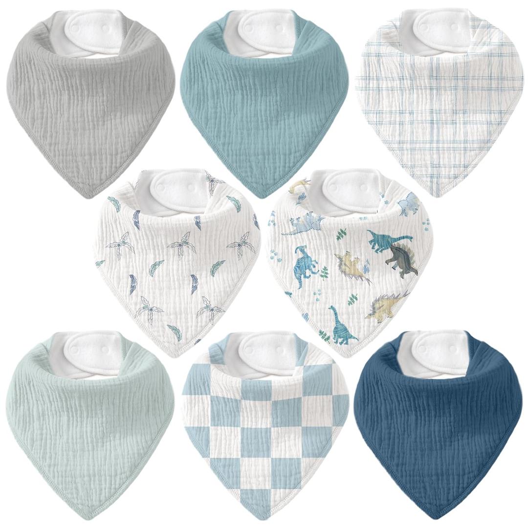 Muslin Baby Bibs 8 Pack, Baby Bandana Drool Bib for Drooling and Teething, Cotton Soft Absorbent for Girls Boys BC (A Blue Dinosaur)