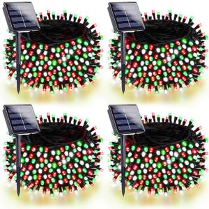 4 Pack 180FT Solar Christmas Lights Outdoor Waterproof, Super Bright 320 LED Solar String Lights with 8 Lighting Modes, Green Wire Solar Twinkle Tree Lights for Outside Xmas Party(Red White and Green)