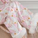 iTranyee Women Christmas 2 Piece Pajamas Set Feather Trim Long Sleeve Button Down Shirt Pants Outfits Silk Satin Lounge Set (Large, White)