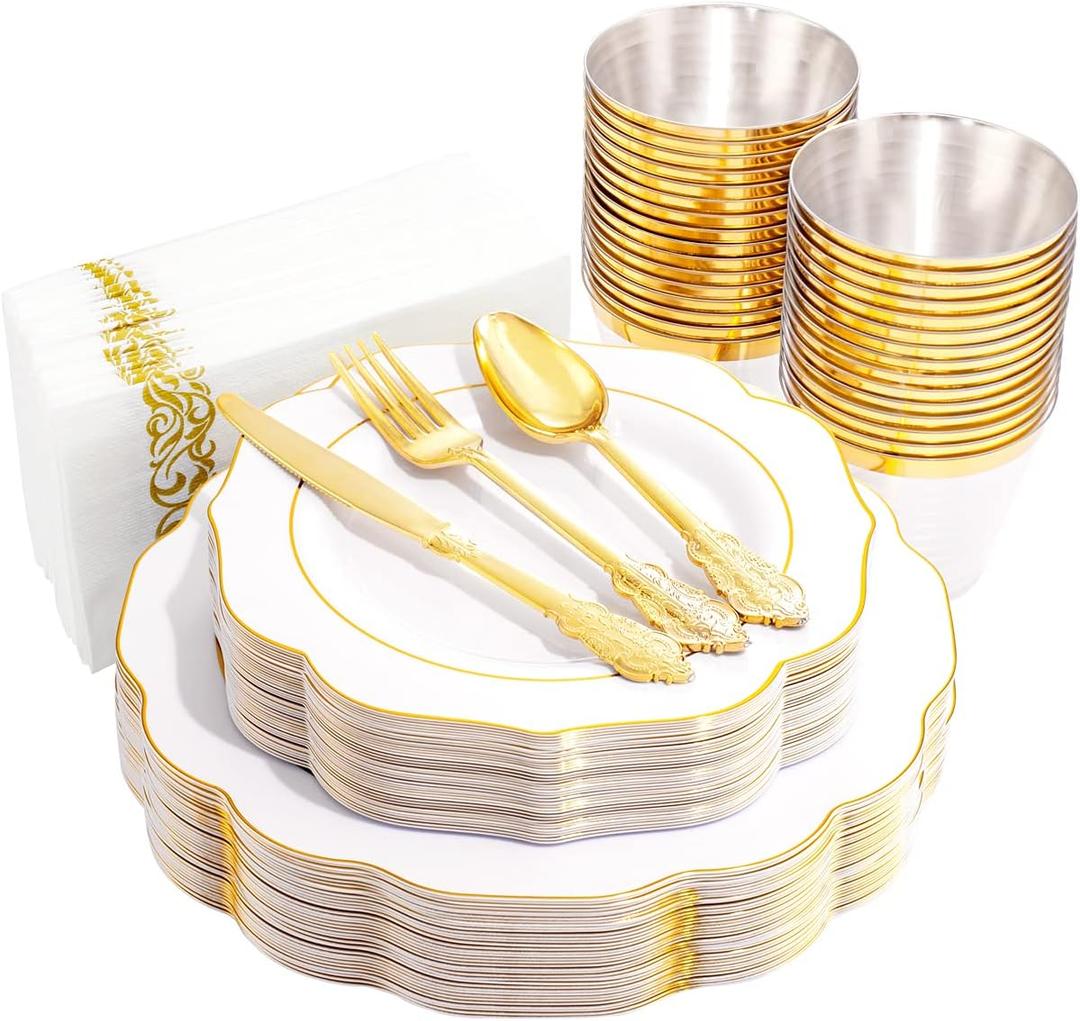 NOCCUR 175PCS Gold Plastic Plates with Disposable Silverware - White Gold Plastic Tableware Includes 25 Dinner /25 Dessert Plates, 75 Cutlery, 25 Cups, 25 Napkins - Ideal for Party/Wedding