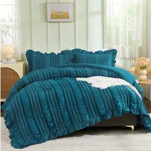 WONGS BEDDING Teal Comforter Set King,3 Pieces Ruffle Farmhouse Shabby Chic Comforter for King Bed,Soft Textured Boho Bedding Set with 1 Ruffle Comforter,2 Tufted Pillowcases 104"×90"