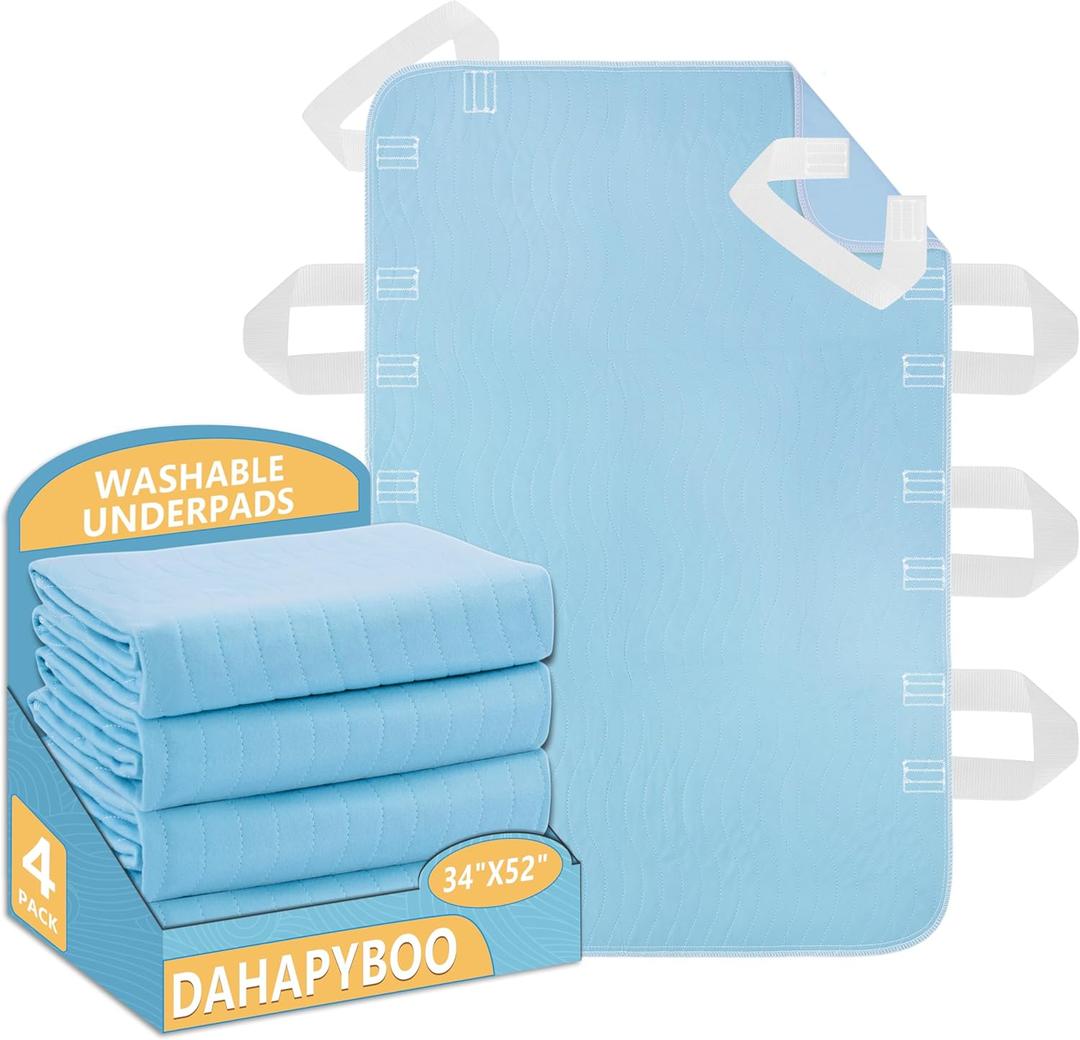 DAHAPYBOO Improvia Positioning Bed Pad 34"x52" with 8 Reinforced Handles,Washable Underpads 4 Pack Incontinence,Heavy Absorbency Reusable for Elderly, Kids Adults, Waterproof Quick Drying for Bed