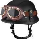 Motorcycle Half Helmet Retro German Handmade Leather Half Face Quick Release Buckle & Goggles - DOT Approved (Black, XL)