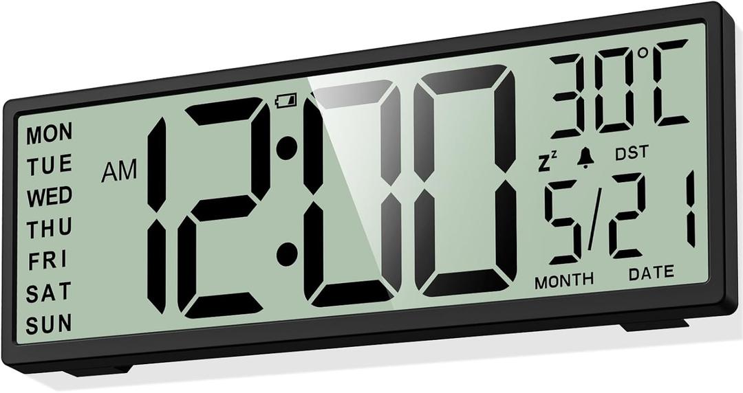 XREXS 14.5" Digital Wall Clock Battery Operated with Big Digits LCD Screen Display, Large Display Timer with Temperature Date Week Auto DST, Alarm Clock for Classroom, Livingroom, Office