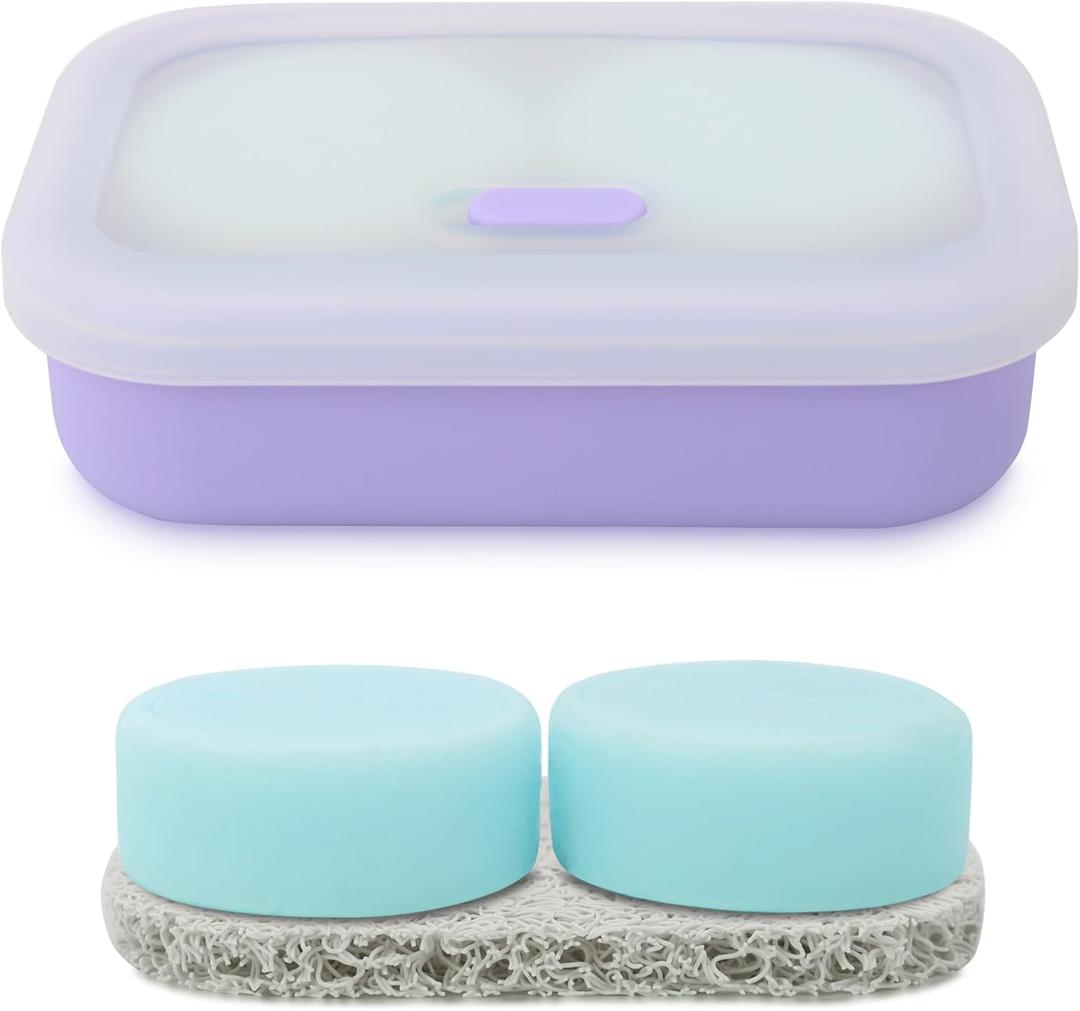 Leak Proof Travel Soap Case,Solid Shampoo Bar Holder, Silicone Soap Container with Draining Layer, Portable Bar Soap Holder for Bathroom, Camping, Gym, Easy to Clean (Purple, Large)