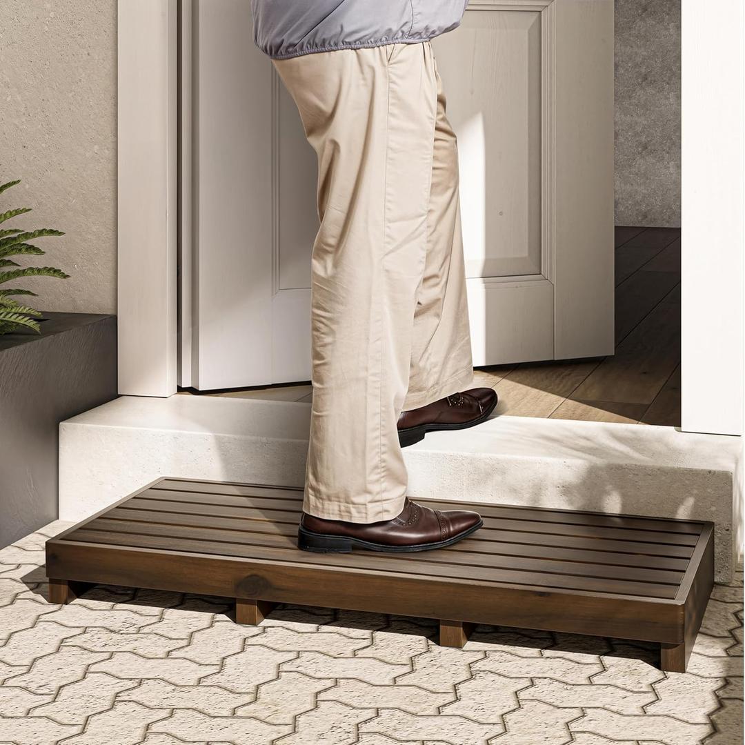 TINAMO One Step Stool for Elderly (35" Length) - Acacia Wood High Riser Step Stool with Non-Slip Pads - 550 Lbs Wooden Mobility Stepping Stools for Handicap, Bed, Bathroom, Kitchen (Walnut)