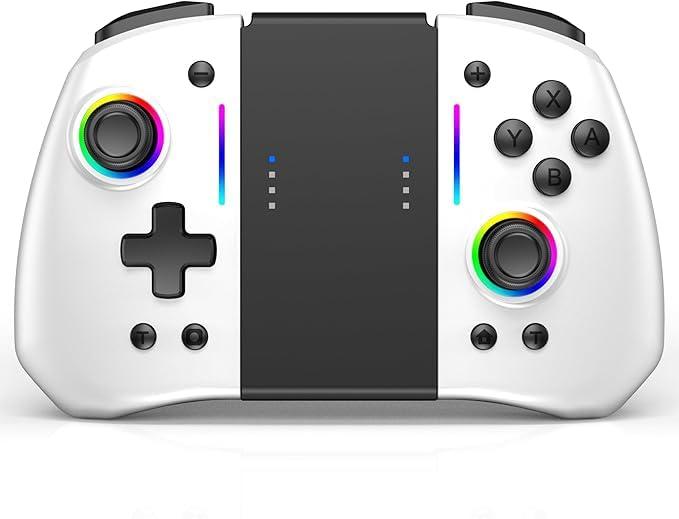 RREAKA Controller for Switch 1/ OLED/Lite, Split Design, Wireless Pro Controller with TURBO function, Dual Motor Vibration, Back Buttons, 8 RGB Colors, Ergonomically Designed Joypad - White & Black
