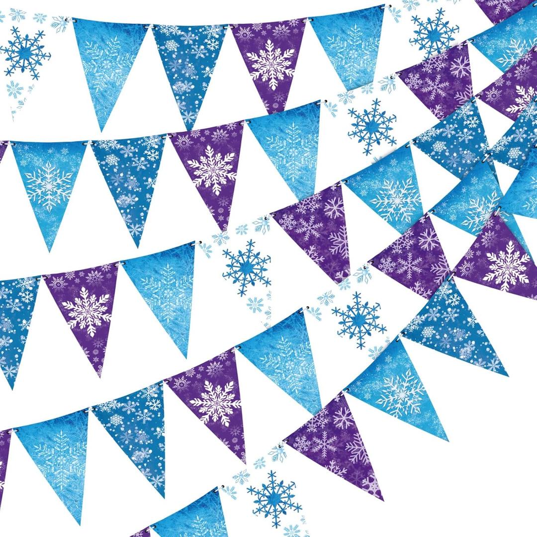 HESTYA 49 ft Winter Party Decoration Snowflake Triangle Banners Snow Pennant Paper Flags for Winter Birthday Party Decoration Supplies