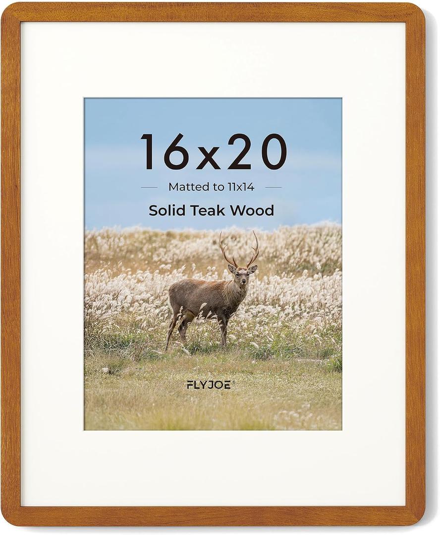FLYJOE 16 x 20 Picture Frame - Solid Teak Wood 16x20 Poster Frame, 16''x20'' Picture Frame With Mat For 11x14, Tempered Glass and Hanging Hardware Included, 20 x 16 Wall Art Wood, Natural Teak