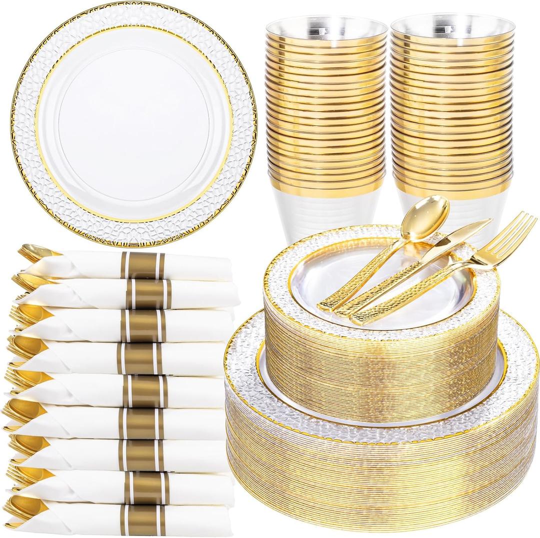 Ciaell 350PCS Clear Plastic Plates with Gold Trim for 50 Guests,Includes 100 Plastic Plates, 50 Pre Rolled Napkins with Gold Silverware, 50 Cups, Disposable Dinnerware Set for Wedding & Party