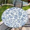 Round Tablecloth with Elastic Edge, 36-60Inch Waterproof Table Cloth for Dinner, Outdoor, Picnic, 44inch, Blue and White Flower