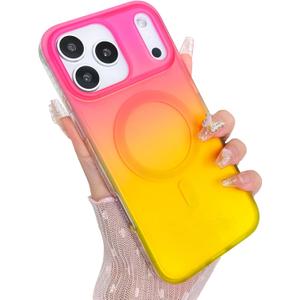 Aesthetic Case for iPhone 17 Pro Max Case for Women Girls [Compatible with Magsafe] Cute Girly Trendy Glitter Sparkly Rainbow Magnetic Protective Phone Cover, Matte Iridescent Red & Yellow