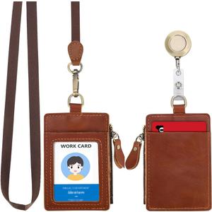 Wonderpool Leather ID Badge Holder with Zipper Wallet Pouch - Card Slots Case Detachable Neck Lanyard and Retractable Badge Reel for Office School Hospital Exhibition ID (Red Brown)