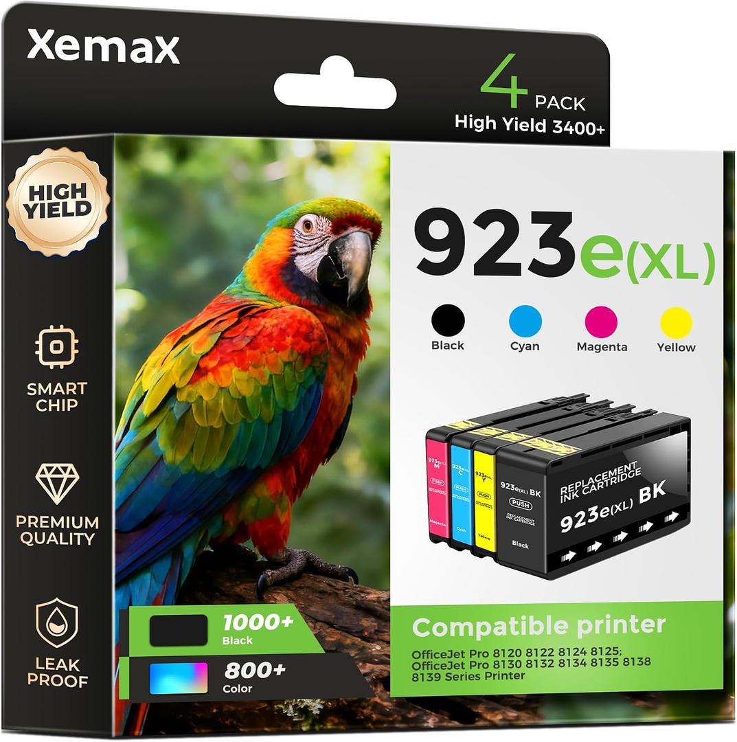 4-Pack 923e Ink Cartridges Compatible for HP 923XL 923 HP923e Ink Compatible for HP OfficeJet Pro 8135e 8138e 8139e 8122e 8120 8123 8130 8133 Printers, Black Cyan Magenta Yellow (3500 Pages)