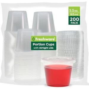 Freshware Plastic Portion Cups with Lids [5.5 Ounce, 200 Sets] Souffle Cups, Jello Shot Cups, Condiment Sauce Containers For Sampling, Sauce, Snack or Dressing