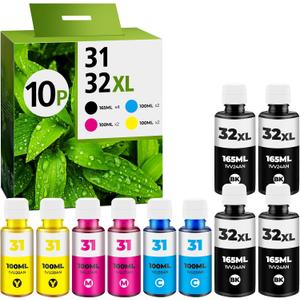 31 32XL Ink Bottle Set for Smart Tank Ink 5101 7602 5000 5103 651 6001 7301 7001 Compatible with HP 31 32XL Ink Bottle Set for Smart Tank 5000 5101 7602 7301 7001 5102 7002 7006 551 Printers, 10 Packs (4 Black / 2 Cyan / 2 Yellow / 2 Magenta)