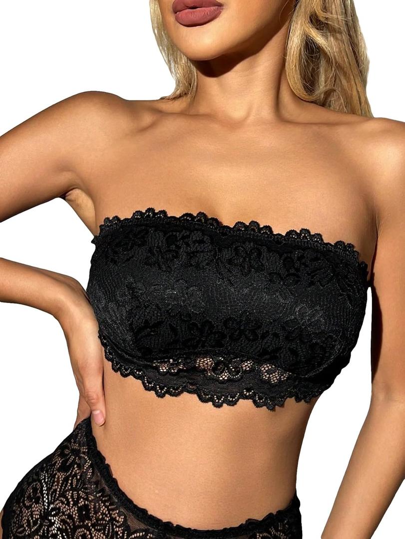 WDIRARA Women's Lace Strapless Bandeau Bra Wireless Non Padded Sleeveless Lingerie Bralettes (X-Large, Black)