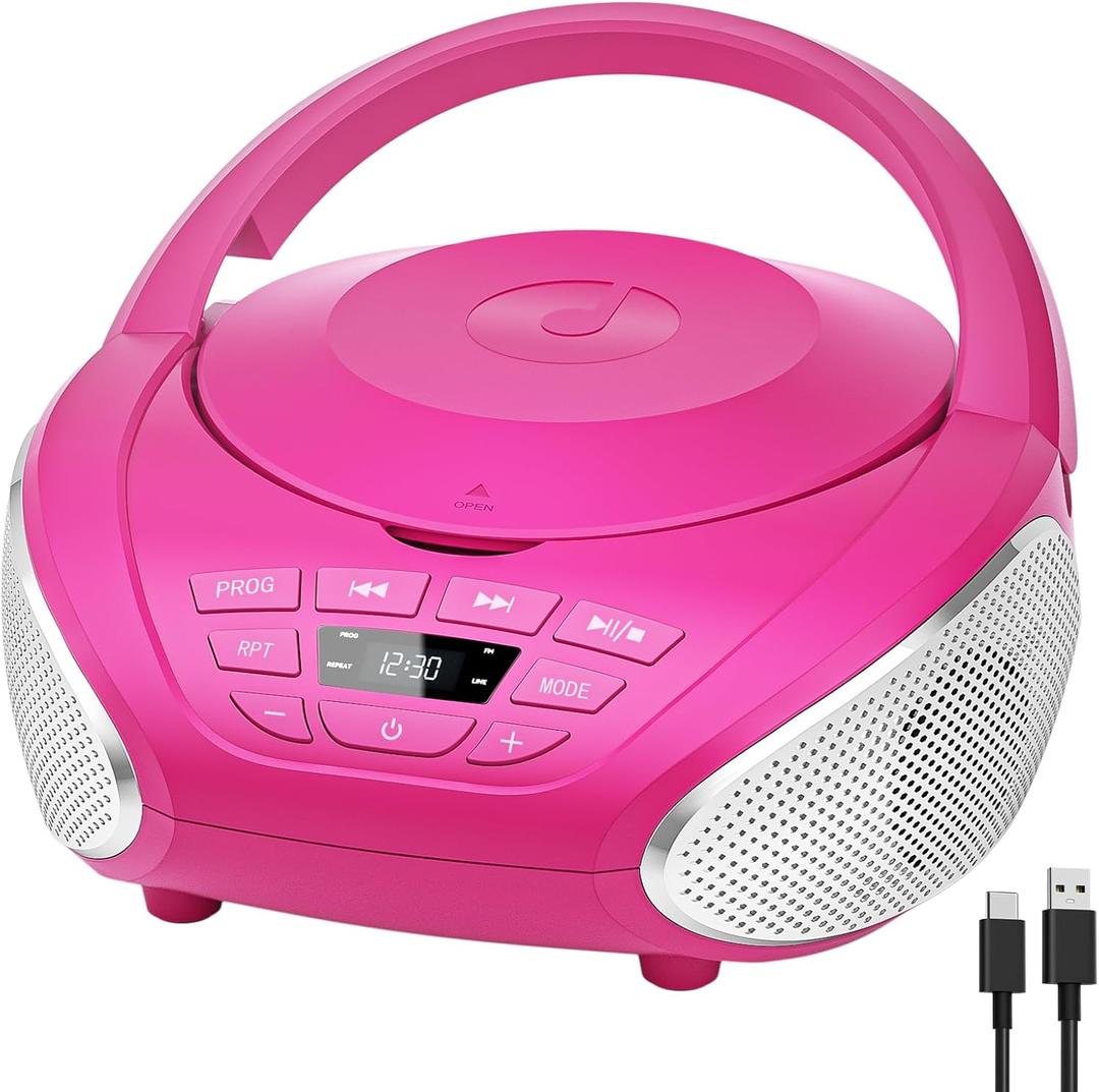 Gueray CD Player Portable Boombox: Radio CD Players with Speakers Home Audio FM Radio AUX Input Support Headphones Playlist Mode PROG Playback for Outdoor Indoor Audiobooks (Pink)