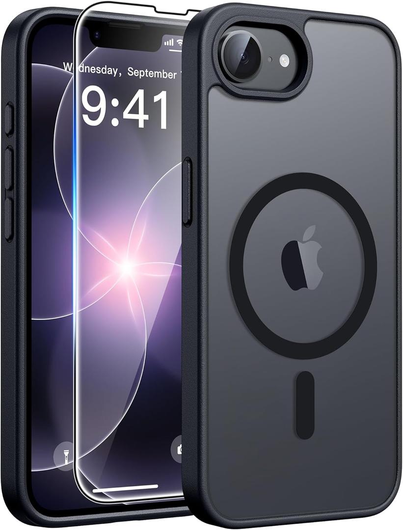 FNTCASE for iPhone 17e Case: iPhone 16e Phone Case [Compatible with Magsafe] Translucent Matte Cases with [Screen Protector] Military Grade Shockproof Protective Phone Cover - Black