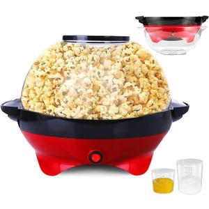 TLGREEN 6 Quart Popcorn Machine - 24 Cups, Stir Crazy Popcorn Popper Machine, Electric Hot Oil Popcorn Maker Machine, with Nonstick Plate & Stirring Rod, Large Lid as Serving Bowl and 2 Measuring Cups (Red)