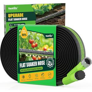 RAINPOINT Soaker Hose 50FT, 80% Water-Saving Drip Irrigation Hose for Garden, Leakproof and Flexible with Anodized Aluminum Ends, Double Layer Flat Soaking Hose for Garden, Green