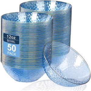 Rubtlamp 50 Pack Clear Blue Disposable Bowls, Clear Plastic Bowls with Gold Rim, 12-16oz Premium Heavy Duty Plastic Dinner Bowls for Party, Wedding and Holiday