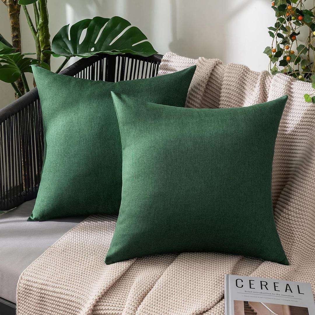 MIULEE Pack of 2 Decorative Outdoor Solid Waterproof Throw Pillow Covers Faux Linen Garden Farmhouse Cushion Cases for Patio Tent Balcony Couch Sofa 18x18 Inch Emerald Green