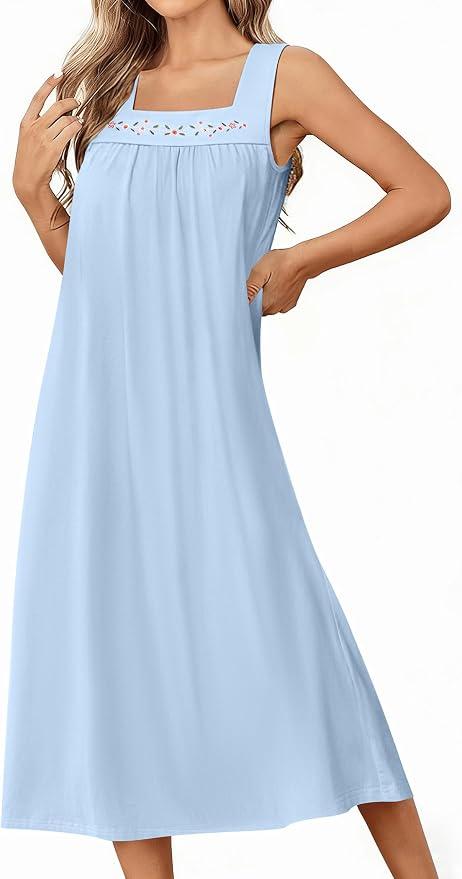 Ekouaer Long Sleeveless Nightgowns for Women Ladies Night Gown Embroidery Sleepdress Tank Nightdress Victorian Sleepshirt S