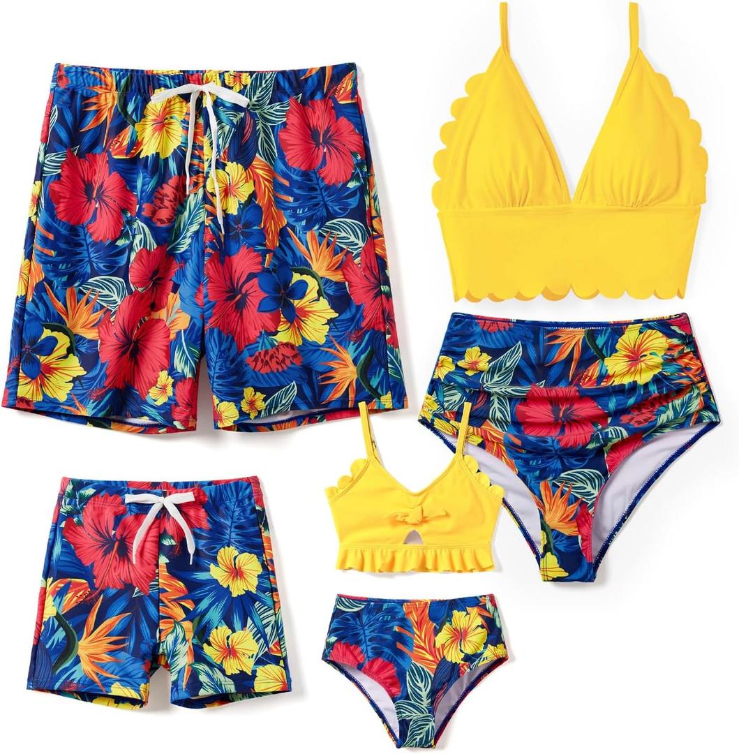 Family Matching Solid Scallop Trim Strappy Two-Piece Swimsuit and Allover Floral Print Swim Trunks Shorts (M)